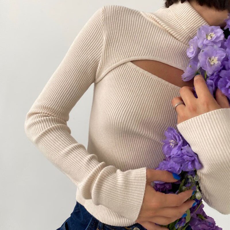 여성용 터틀넥 스웨터 탑스, 가을 2021 섹시한 긴 소매 솔리드 할로우 아웃 슬림 바디콘 베이직 클럽웨어 의류 풀오버 탑스